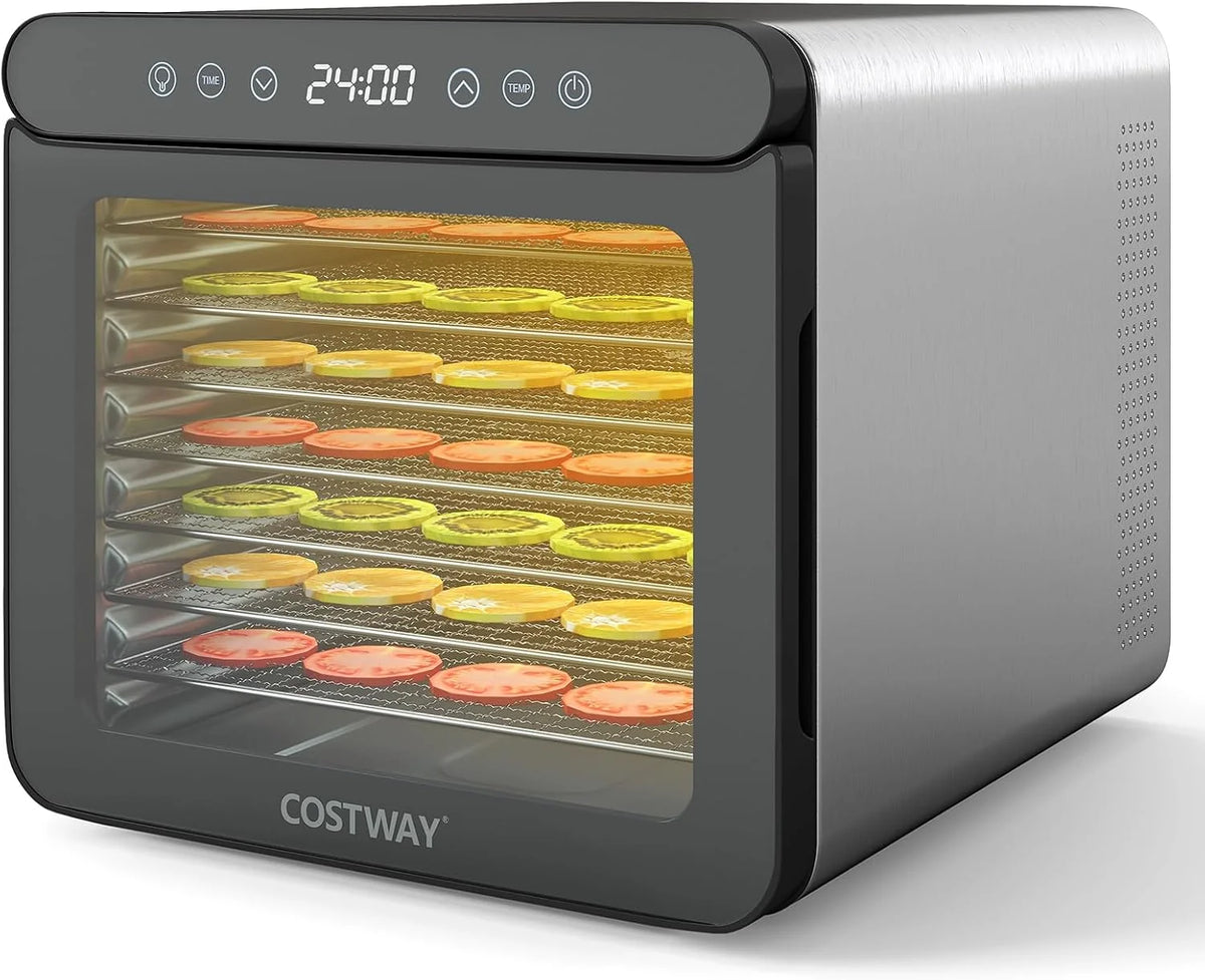 COSTWAY Suszarka do żywności 600W z 7 tacami ze stali nierdzewnej, z timerem 24h i temperaturą 30-75℃, suszarka do mięsa, warzyw i owoców, 34 x 40,5 x 32cm