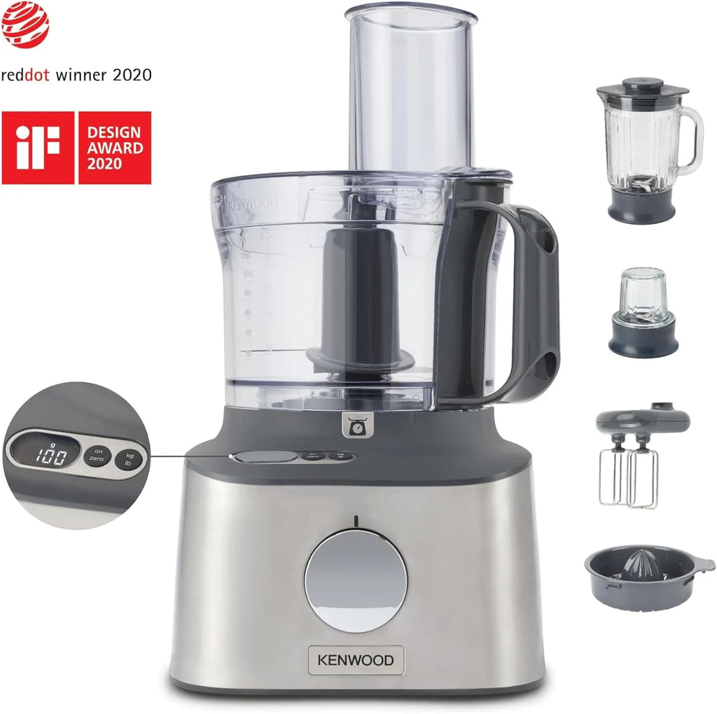 Kenwood MultiPro Compact+ FDM 313SS Kompaktowy robot kuchenny, wydajne urządzenie kuchenne z pojemnikiem roboczym 2,1 l, zintegrowana waga, w zestawie 9 części, metalowa obudowa, 800 W, kolor srebrny