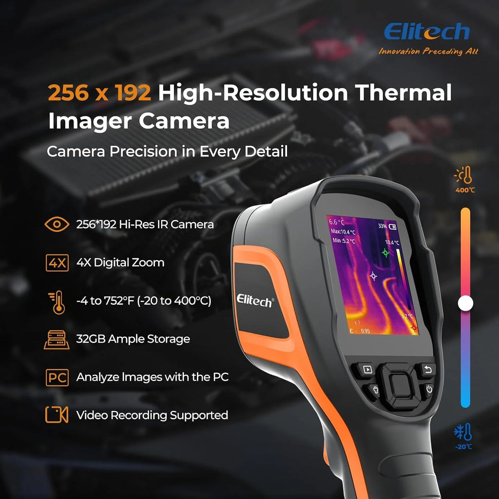 Elitech Kamera termowizyjna 256 x 192, rozdzielczość IR, częstotliwość odświeżania 25 Hz, kamera widokowa 2 MP, wyświetlacz LCD 3,5", IP54, wodoszczelna i pyłoszczelna, USB-C, -20°C do 550°C, dla