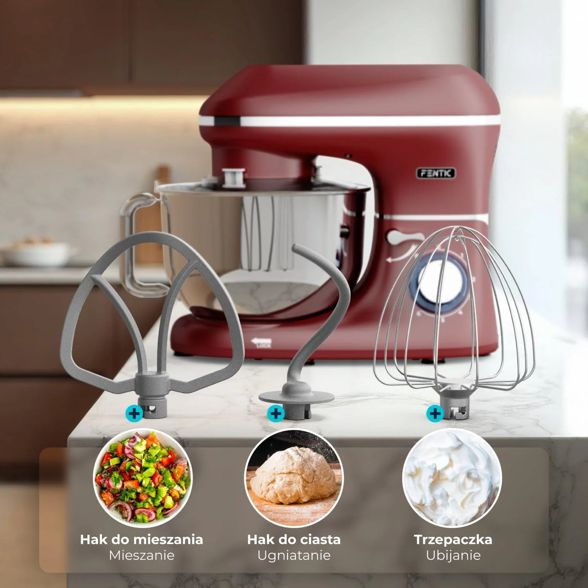 Robot kuchenny - 2000 W - miska do mieszania ze stali nierdzewnej (6,2 l) - mikser kuchenny z mieszania, hakiem do zagniatania, trzepaczką i ochroną przed pryskaniem - w zestawie