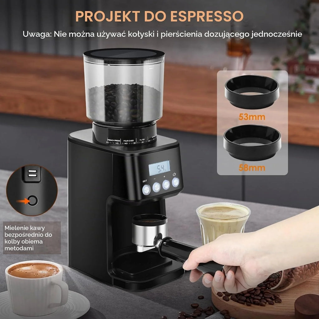 Homtone Stożkowy młynek do kawy elektryczny do portafiltra i pojemnika, 51 ustawień mielenia, regulowany młynek do kawy, do nalewania, espresso, prasy francuskiej, antystatyczny, 12 filiżanek, czarny