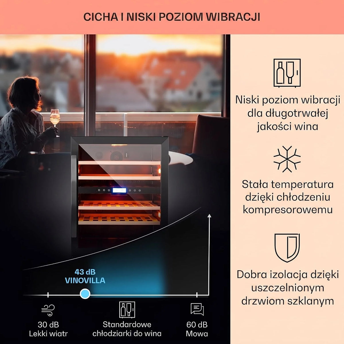 Klarstein Vinovilla chłodziarka do wina do zabudowy, dwustrefowa winiarka ze szklanymi drzwiami, 129 l, 4 wyjmowane drewniane półki, oświetlenie LED w 3 kolorach, cichy silnik 44 dB, 43 butelki
