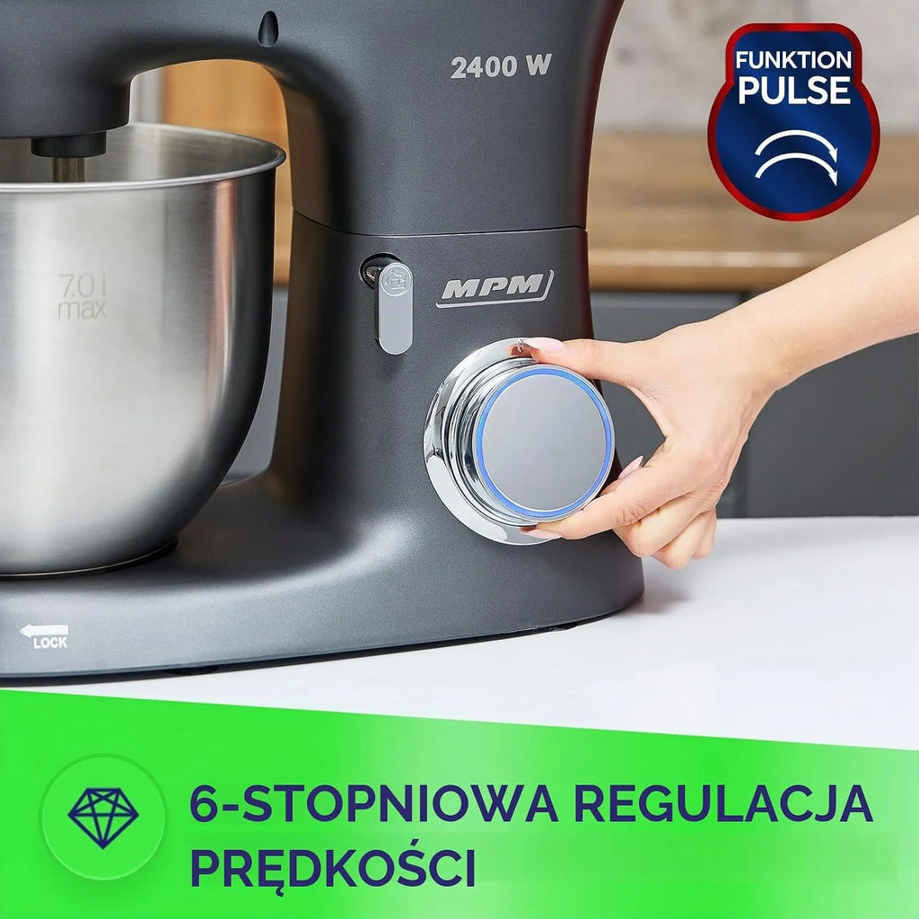 MPM Planetarny robot kuchenny MRK-23 – wielofunkcyjny mikser kuchenny 7 l – urządzenia kuchenne o wszechstronnym zastosowaniu, 2400 W, dwie miski, trzy wymienne trzepaczki