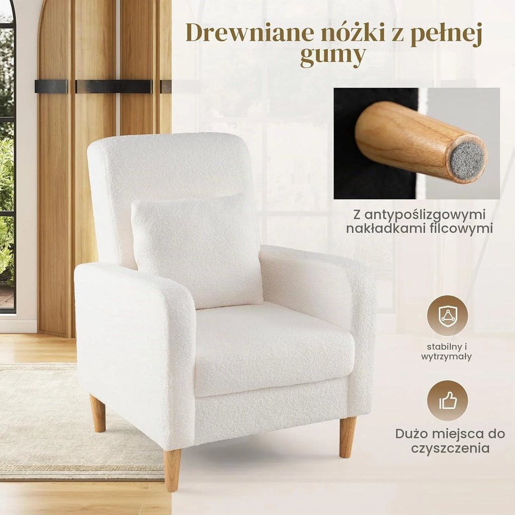 COSTWAY Fotel wypoczynkowy, pluszowy fotel z poduszkami lędźwiowymi i drewnianymi nogami, wyściełana pojedyncza sofa z oparciem i podłokietnikami, fotel z uszami do salonu i sypialni, obciążenie do