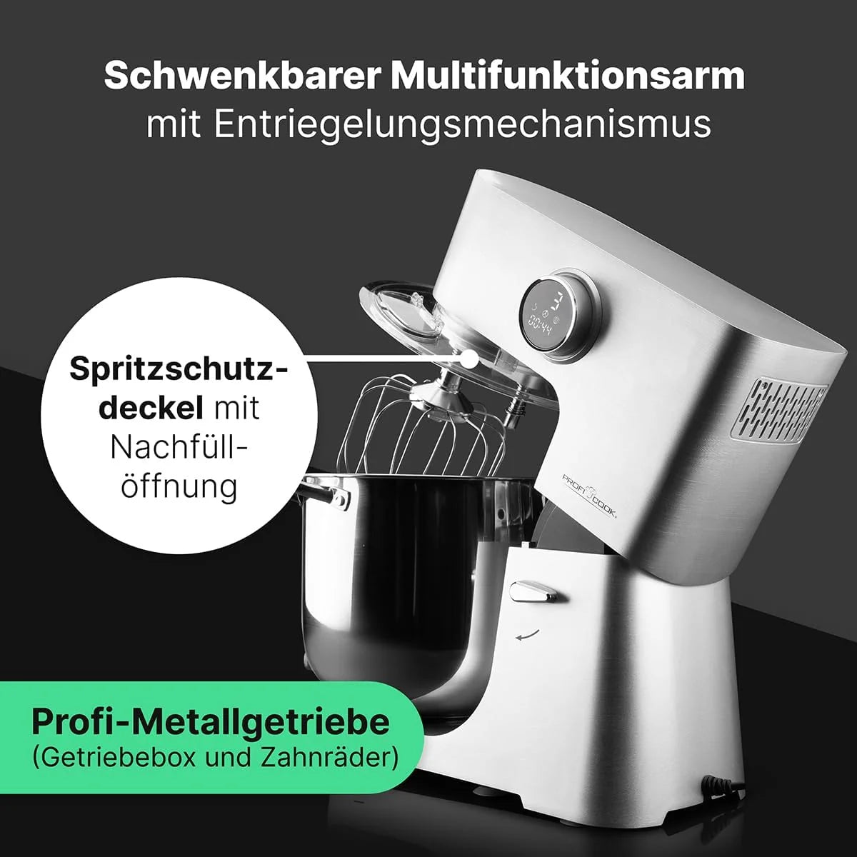 ProfiCook® Robot kuchenny z miską XXL 12 L | Ugniatanie z silnikiem Longlife Pro 2500W | Metalowa skrzynia biegów i wyświetlacz LED | Robot kuchenny do 8,5 kg ciasta | PC KM 1254