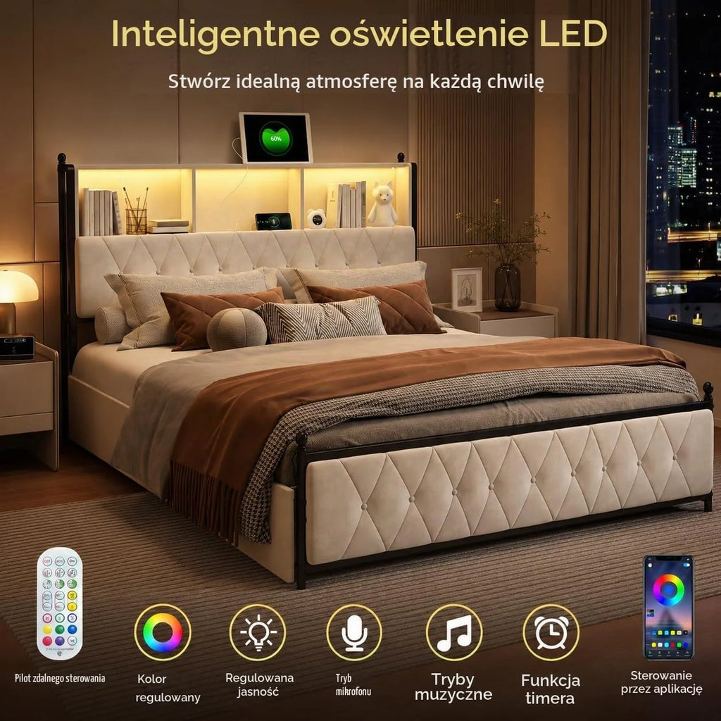 Podwójne łóżko tapicerowane 180 x 200 cm z 4 szufladami, łóżko bagażowe z ładowaniem USB i oświetleniem LED, rama łóżka, zagłówek z miejscem do przechowywania, łóżko dla dorosłych, aksamit