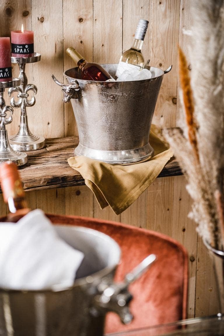 MichaelNoll Chłodziarka do szampana, głowa byka, chłodziarka do wina, butelek, szampana, aluminiowa chłodziarka do napojów, kolor srebrny – chłodziarka do szampana, wina i szampana – XL 39 cm