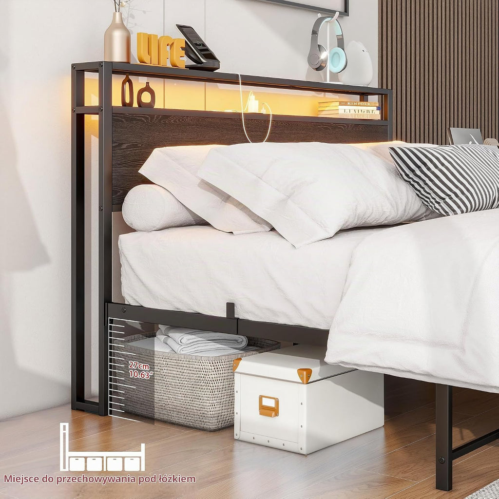 HOJINLINERO 140 x 200 cm, z przechowywaniem, stelażem, ładowaniem USB i LED, nowoczesne