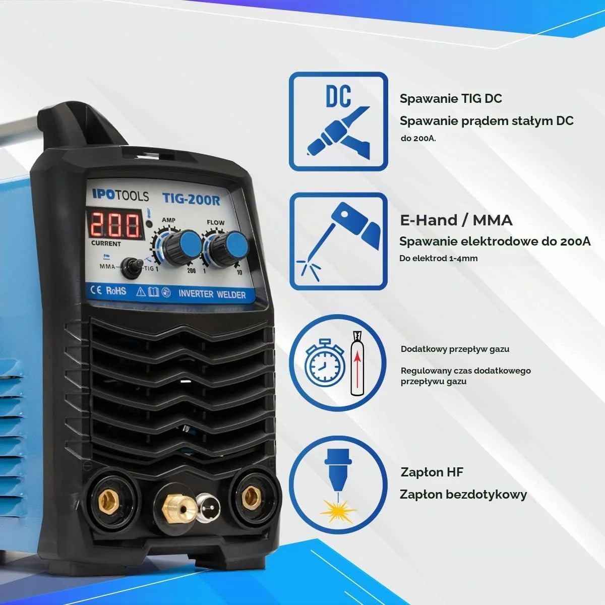 IPOTOOLS TIG-200R spawarka TIG WIG DC – spawarka TIG WIG 200 A, w pełni cyfrowa spawarka inwertorowa z cyfrowym wyświetlaczem LCD, zapłon HF, MMA E-Hand IGBT