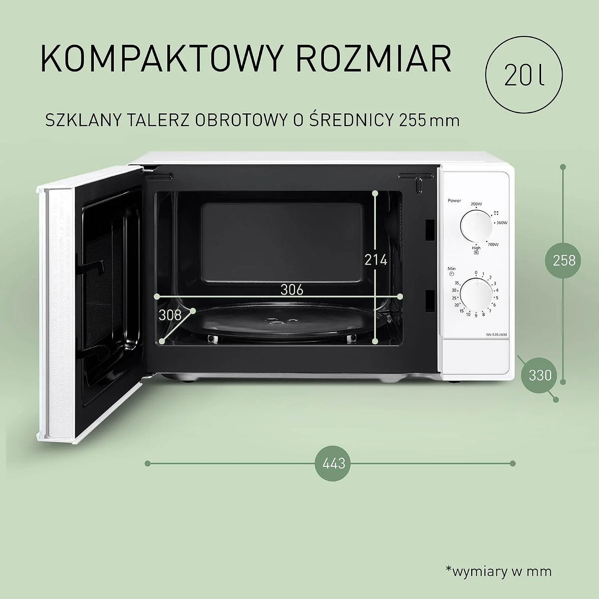 Panasonic NN-E20JWMEBG Kuchenka mikrofalowa ze szklanym talerzem obrotowym, 20 L, 800 W, ustawienie rozmrażania, 5 poziomów mocy, timer, biała