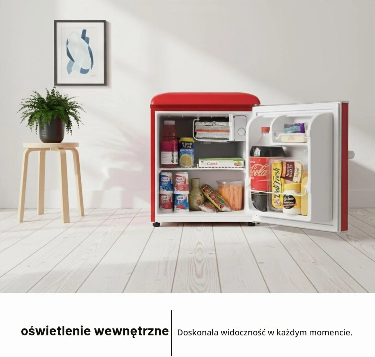 Corberó - lodówka retro statyczna | CF1PG45RR | 45L | 55 cm | oświetlenie wewnętrzne | nogi poziomujące | czerwony