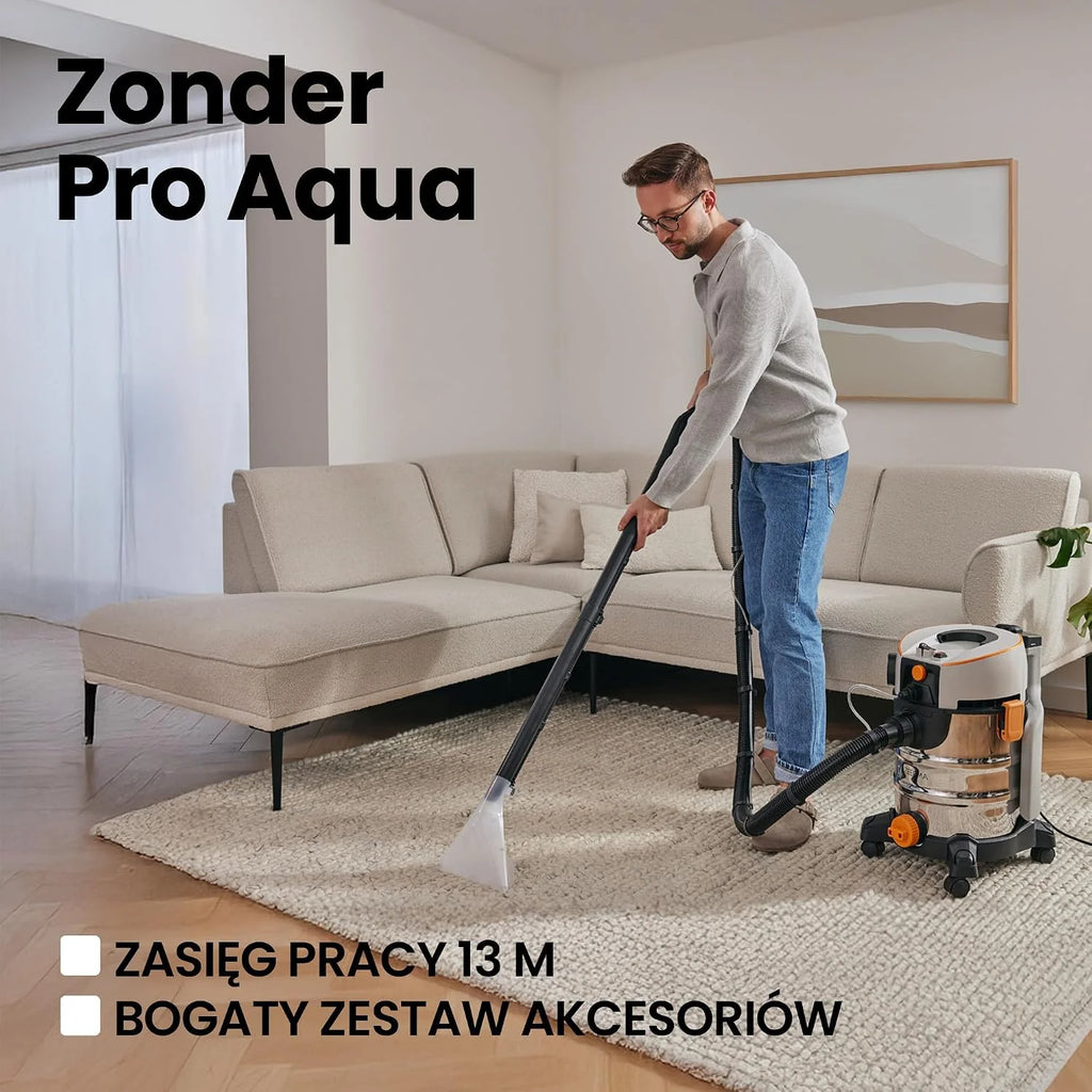 ZEEGMA ZONDER PRO AQUA Odkurzacz Piorący do Pracy na Mokro i Sucho 1400W, do Dywanów Samochodu Tapicerki Schodów, Zbiornik na Wodę Czystą 4 L, Zestaw Filtrów oraz Ssawek Piorących