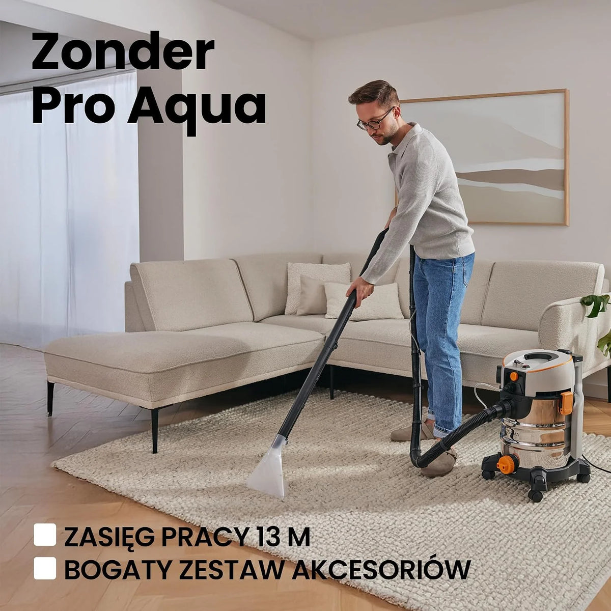 ZEEGMA ZONDER PRO AQUA Odkurzacz Piorący do Pracy na Mokro i Sucho 1400W, do Dywanów Samochodu Tapicerki Schodów, Zbiornik na Wodę Czystą 4 L, Zestaw Filtrów oraz Ssawek Piorących