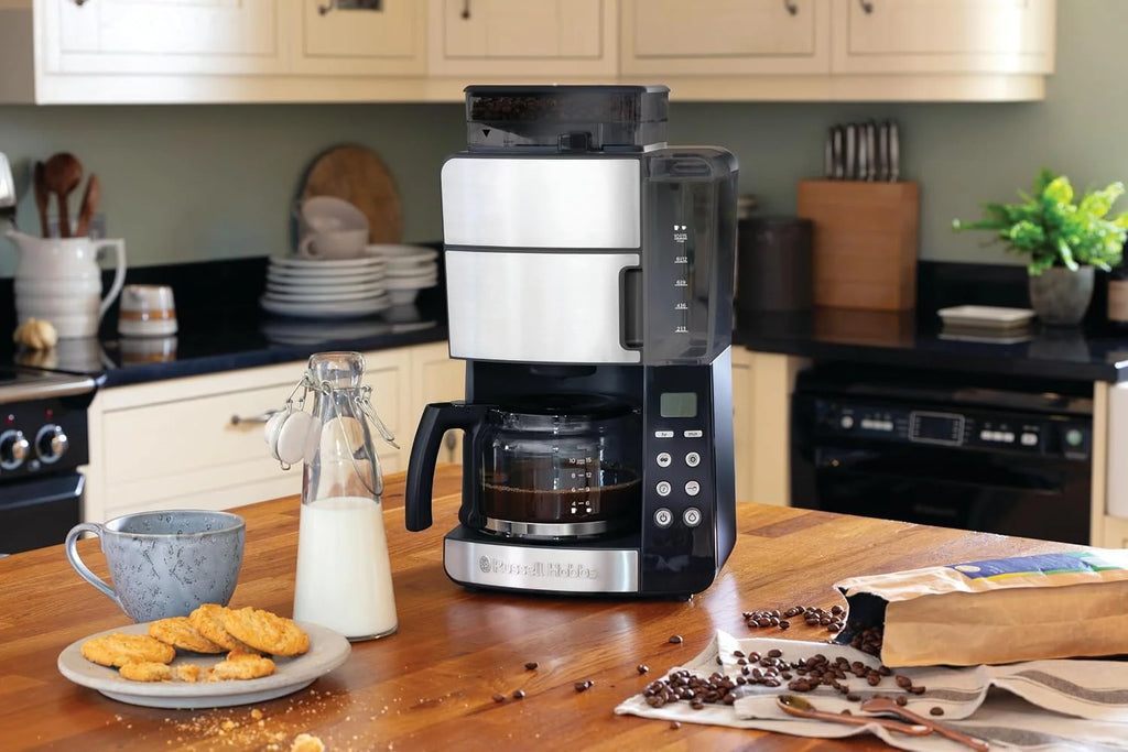 Russell Hobbs ekspres do kawy, wbudowany młynek, regulacja mocy zaparzenia kawy, programowalny timer, podtrzymywanie temperatury, pojemność 1,25l, moc 1000W, srebrny, Grind&Brew 25610-56