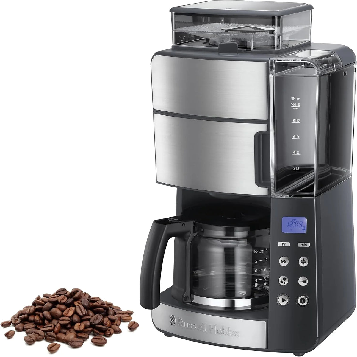 Russell Hobbs ekspres do kawy, wbudowany młynek, regulacja mocy zaparzenia kawy, programowalny timer, podtrzymywanie temperatury, pojemność 1,25l, moc 1000W, srebrny, Grind&Brew 25610-56