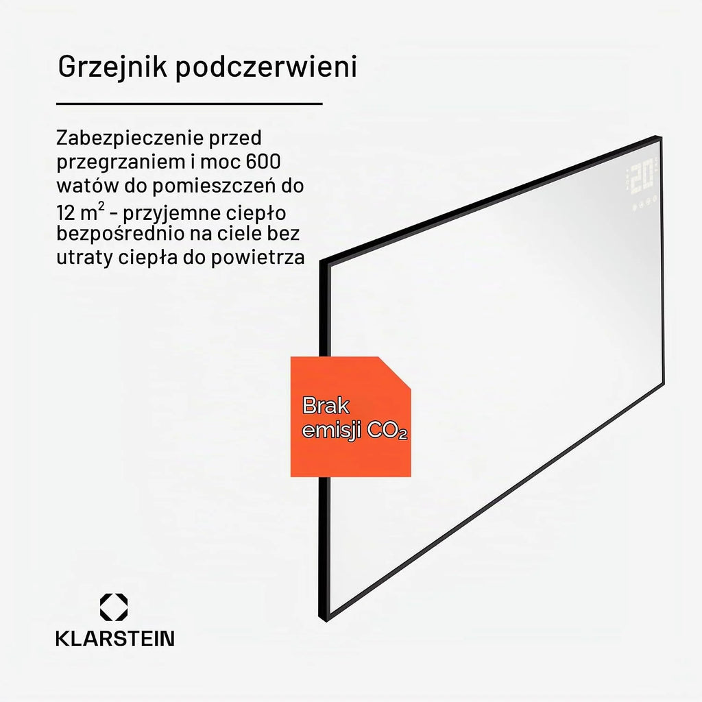 Klarstein Ogrzewanie na podczerwień z termostatem, 600W grzejnik elektryczny, IR ze sterowaniem aplikacją i wykrywaniem otwartego okna, Grzejnik do pomieszczeń wilgotnych bez CO2
