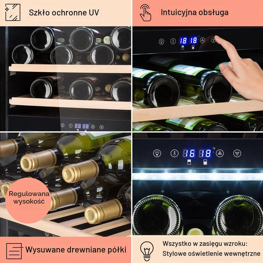 Klarstein Piwnica na wino, 54 butelki, piwnica do serwowania ze zdejmowanymi drewnianymi półkami, szklane drzwi, sterowanie dotykowe, wyświetlacz LCD, oświetlenie wewnętrzne, temperatura 5-18°C