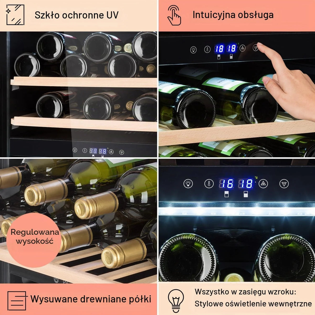 Klarstein Piwnica na wino, 54 butelki, piwnica do serwowania ze zdejmowanymi drewnianymi półkami, szklane drzwi, sterowanie dotykowe, wyświetlacz LCD, oświetlenie wewnętrzne, temperatura 5-18°C