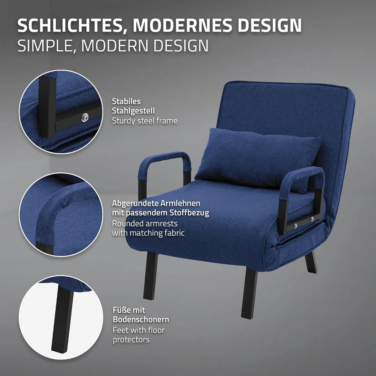 ML-Design Fotel Rozkladany 3 w 1 z Funkcja Spania, Skladany z Regulowanym Oparciem, Rozkladana Sofa dla Gosci, Lózko Jednoosobowe, Stelaz Stalowy, Miekka Tkanina Chenille, Wygodny do Salonu, Niebieski