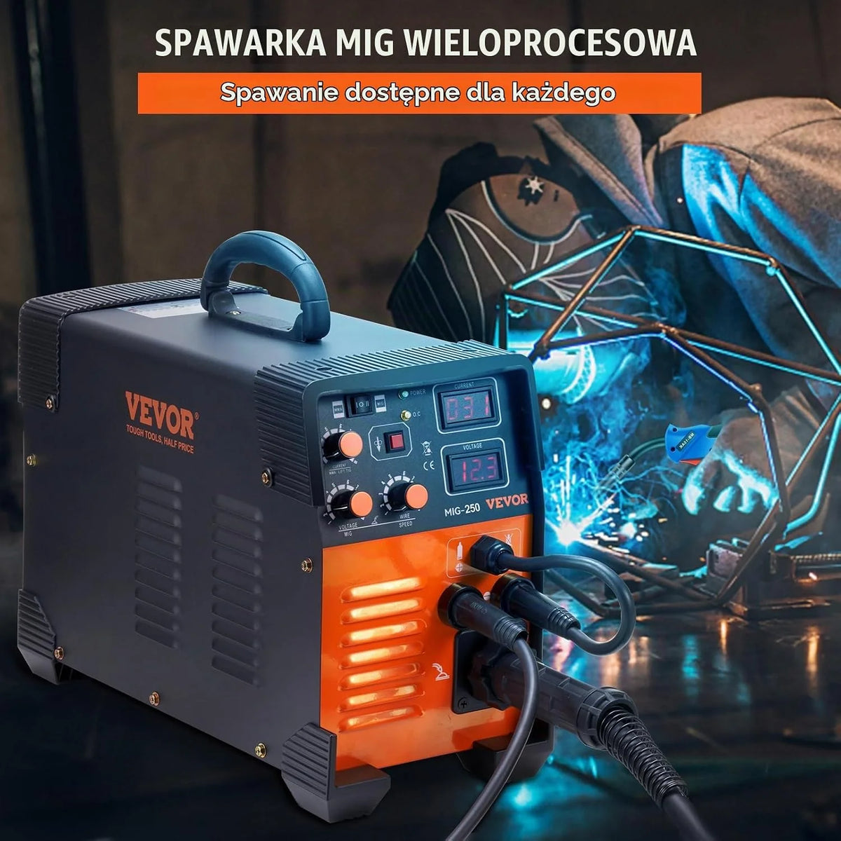 VEVOR Spawarka MIG/MMA/TIG 3 w 1 50–250 A, spawanie drutem wypełniającym (0,8 mm i 1 mm), technologia IGBT 2,2-12 m/min, prędkość drutu 5,6 kVA, znamionowa moc wejściowa, stopień ochrony IP21S