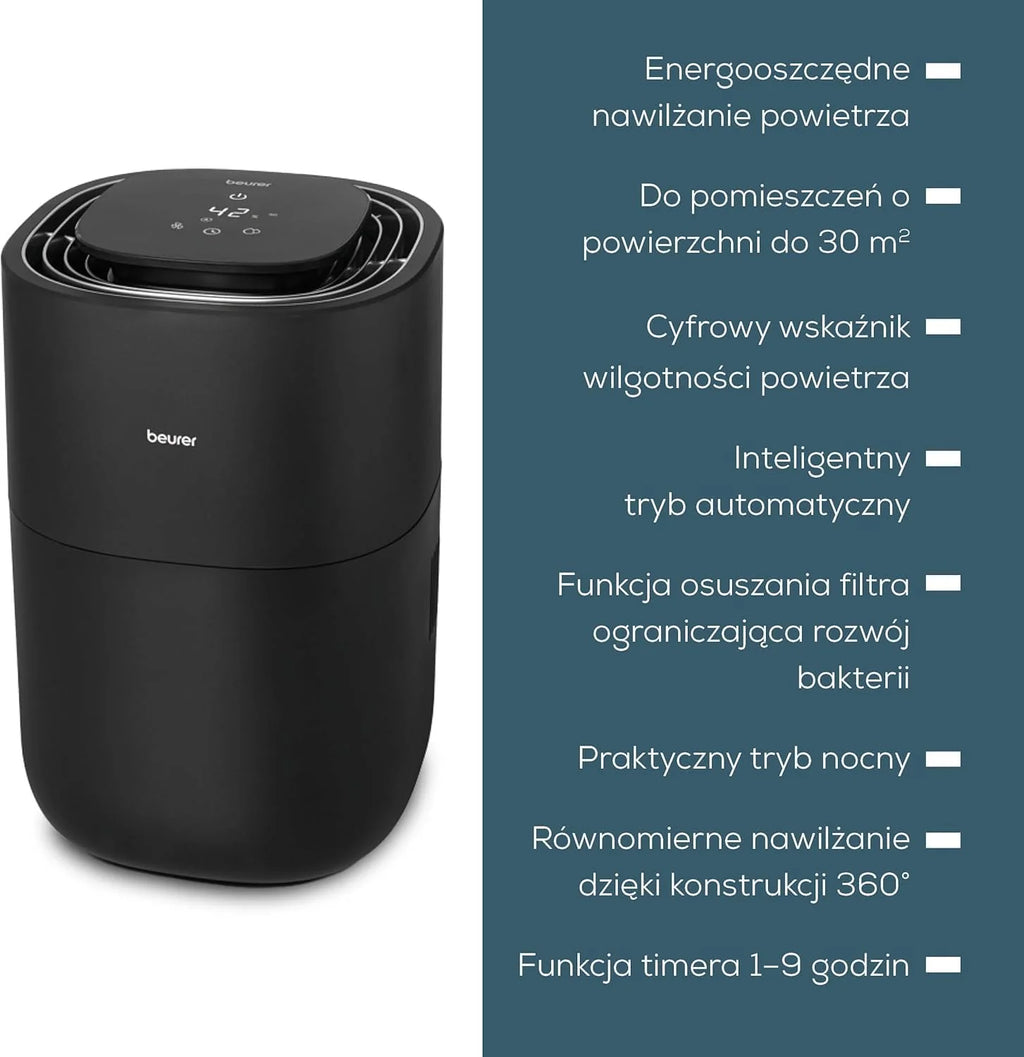 Beurer LB 200 Nawilżacz z energooszczędną technologią zimnego parowania, higieniczne stałe nawilżanie powietrza, z funkcją osuszania filtra, 3 poziomy nawilżania, do pomieszczeń o pow. do ok. 30m