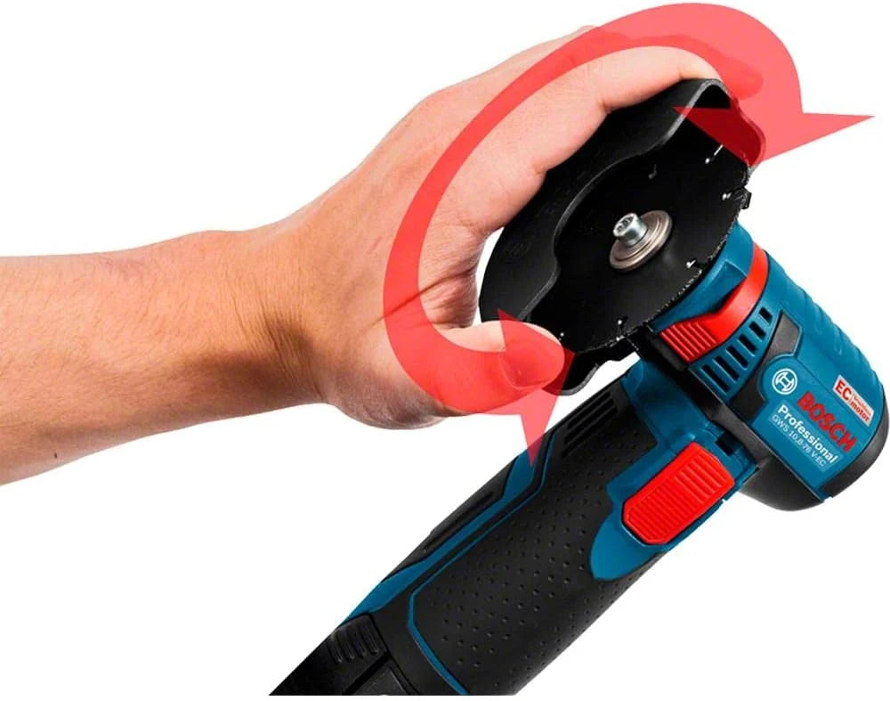 Bosch Professional system 12V: akumulatorowa szlifierka kątowa GWS 12V-76 (1 tarcza tnąca z węglików spiekanych, 2 tarcze tnące Inox, osłona)