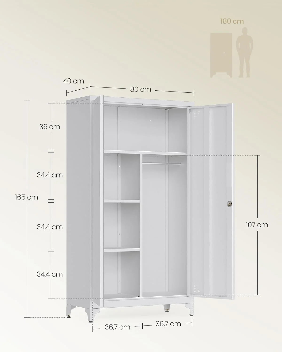 SONGMICS OMC018GJ01 OMC018GJ01 wielofunkcyjna szafa garderobiana, do przechowywania, szafa na akta, metalowa szafka z 2 drzwiami, 5 półek, drążek wiszący, zamykana, wysokie nóżki, 80 x 40 x 165 cm
