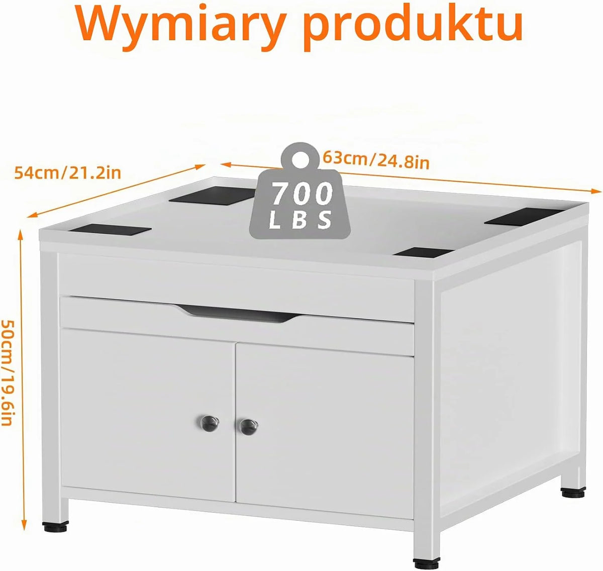 Stojak do pralki i suszarki z półką na kosz na pranie i zintegrowaną tacą odpływową + elastyczny wąż, nośność 700 lb, wykonany z płyty MDF i metalu, 63 x 54 x 50 cm