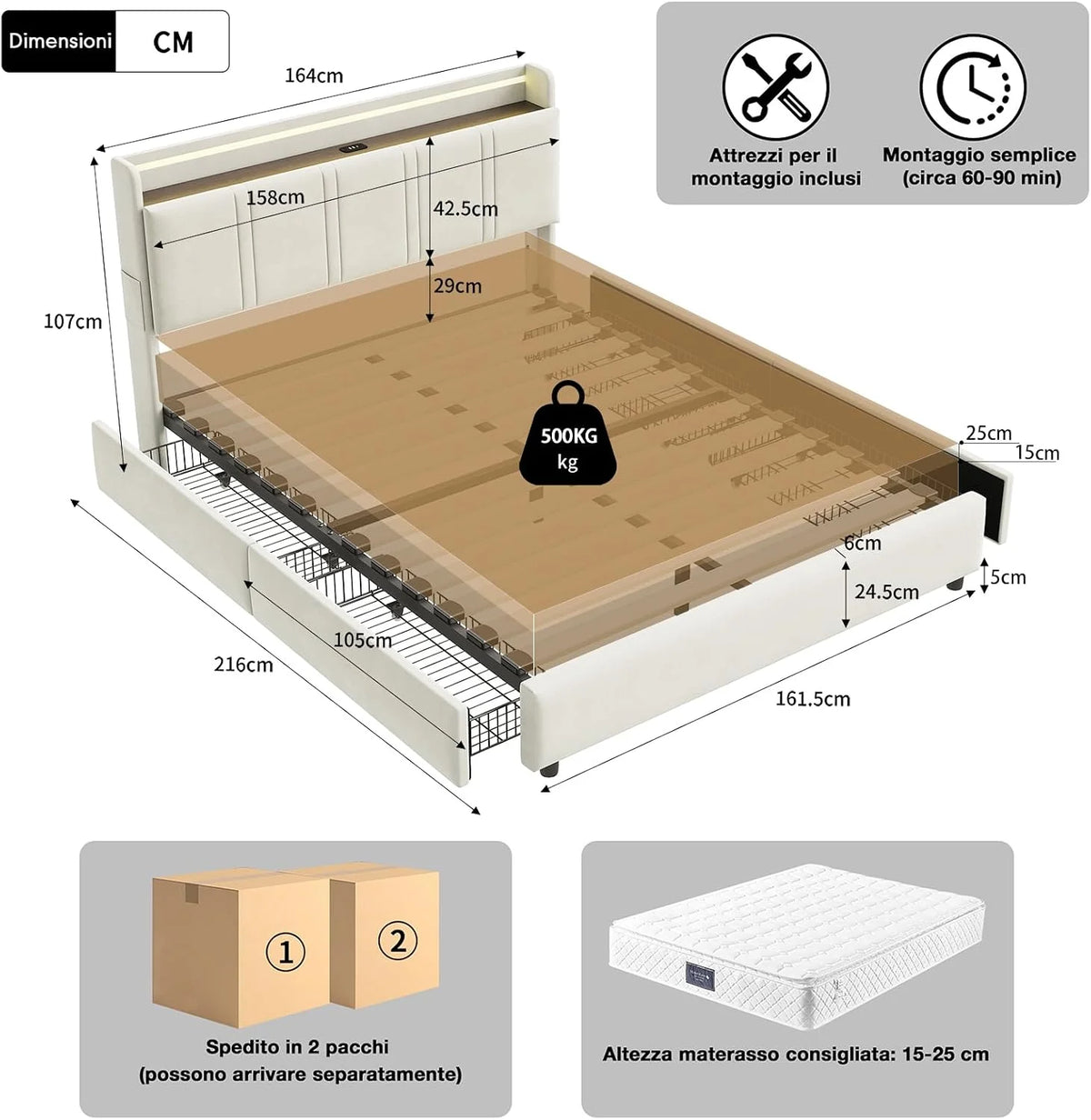 Łóżko podwójne 160 x 200 cm z 4 szufladami, rama łóżka z diodami LED i USB, łóżko tapicerowane z zagłówkiem z otwartą półką, beżowe