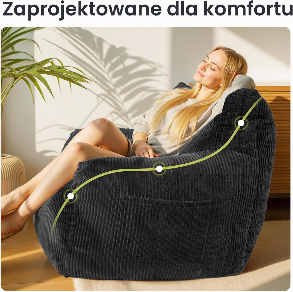 Pamapic Puf dla dorosłych z wypełnieniem, podwójny fotel wypoczynkowy z przenośnym uchwytem, ergonomiczny, nowoczesny, puf do użytku wewnątrz do salonu, sypialni, pokoju zabaw, czarny