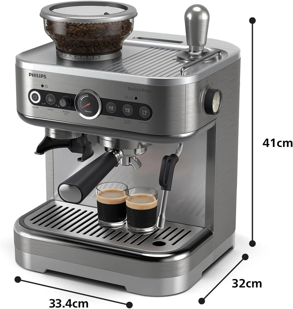 Półautomatyczny ekspres do kawy Philips Barista Brew - pojedyncze i podwójne espresso + przycisk Americano, pojemnik na kawę 250 g, skalibrowany tamper, metaliczny srebrny (PSA3218/01)