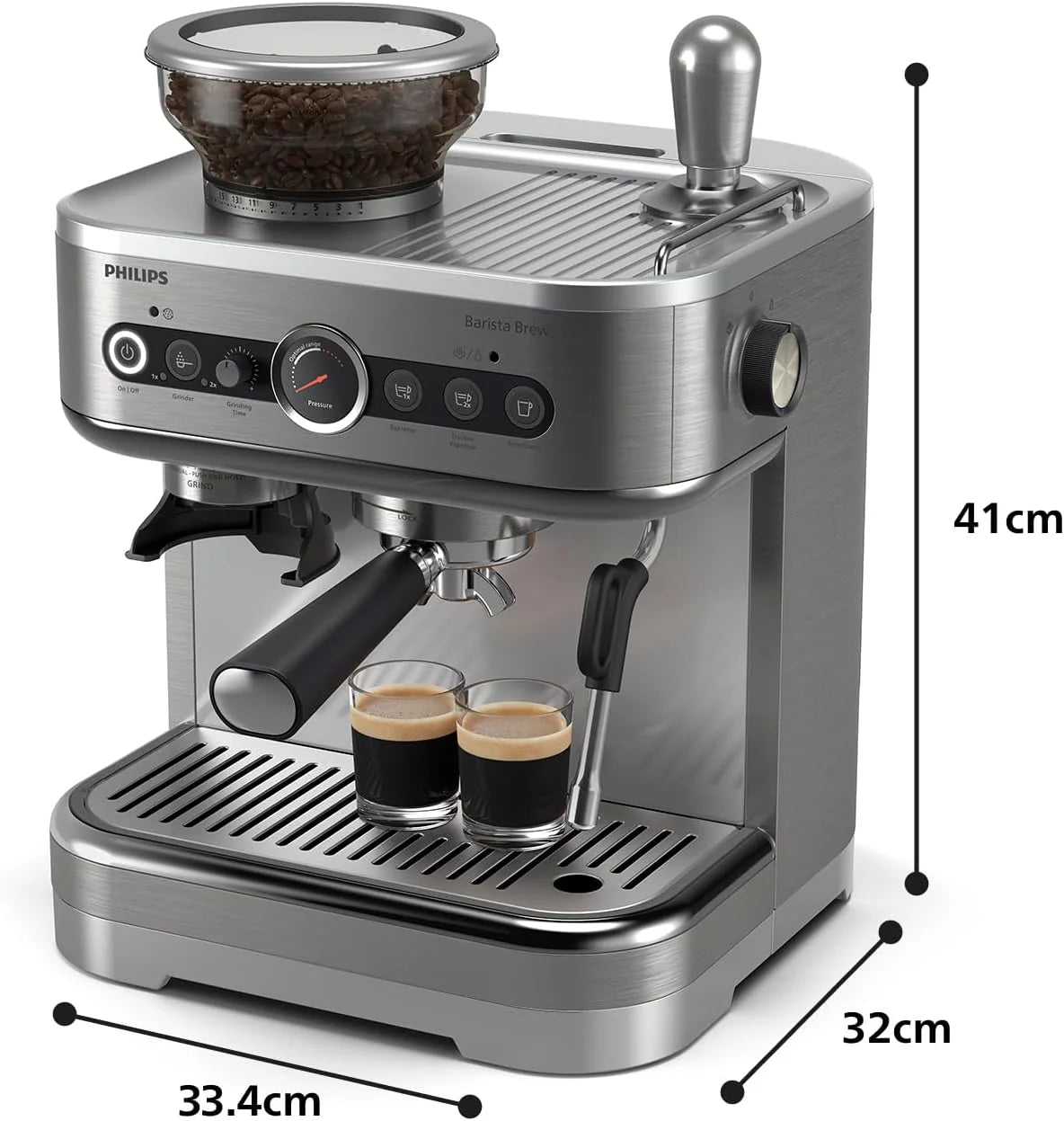 Półautomatyczny ekspres do kawy Philips Barista Brew - pojedyncze i podwójne espresso + przycisk Americano, pojemnik na kawę 250 g, skalibrowany tamper, metaliczny srebrny (PSA3218/01)