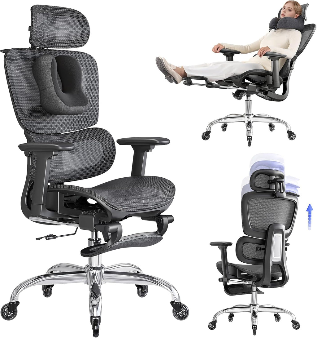 LarkLeaves Ergonomiczny Fotel Biurowy z Podnóżkiem Czarny L10 Pro