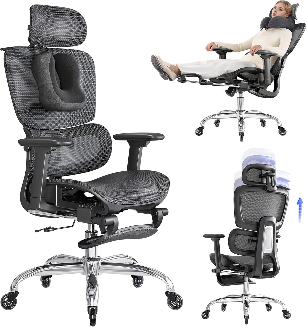 LarkLeaves Ergonomiczny Fotel Biurowy z Podnóżkiem Czarny L10 Pro