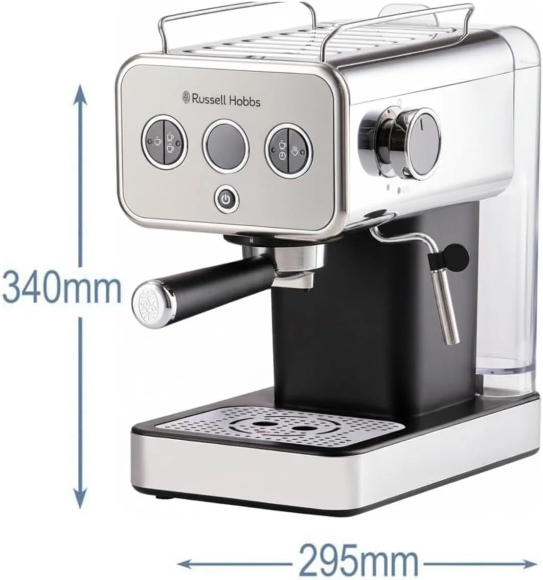 Russell Hobbs ekspres do kawy, ciśnieniowy, 15 bar, dysza do podgrzewania/spieniania mleka, podgrzewacz do filiżanek, wskaźnik LED, szczotkowana stal nierdzewna, titanium, 1350W, Distinctions 26452-56
