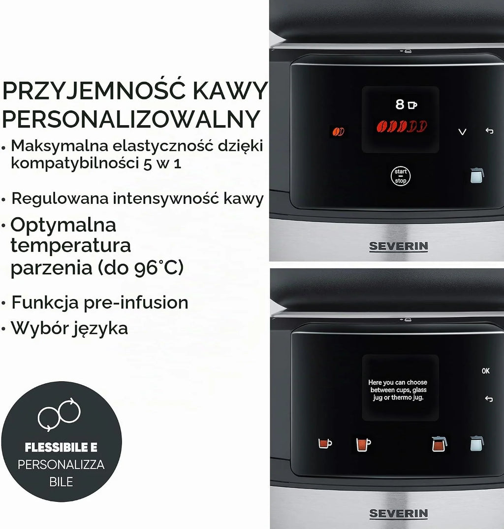 SEVERIN FILKA, w pełni automatyczny ekspres do kawy przelewowej, ekspres 5 w 1 z wyświetlaczem LED, młynkiem, dzbankiem szklanym, czarny matowy/stal nierdzewna, KA 9694