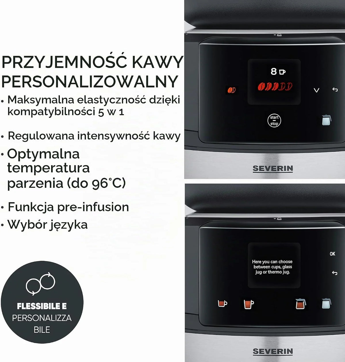 SEVERIN FILKA, w pełni automatyczny ekspres do kawy przelewowej, ekspres 5 w 1 z wyświetlaczem LED, młynkiem, dzbankiem szklanym, czarny matowy/stal nierdzewna, KA 9694