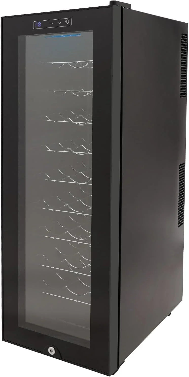 Lodówka na wino, 30 butelek, 90 l, oświetlenie LED, chłodziarka do wina, ekran dotykowy, wzmocnione szklane drzwi, wolnostojąca, zakres temperatur 12-18°C, 50,5 x 34,5 x 98,5 cm