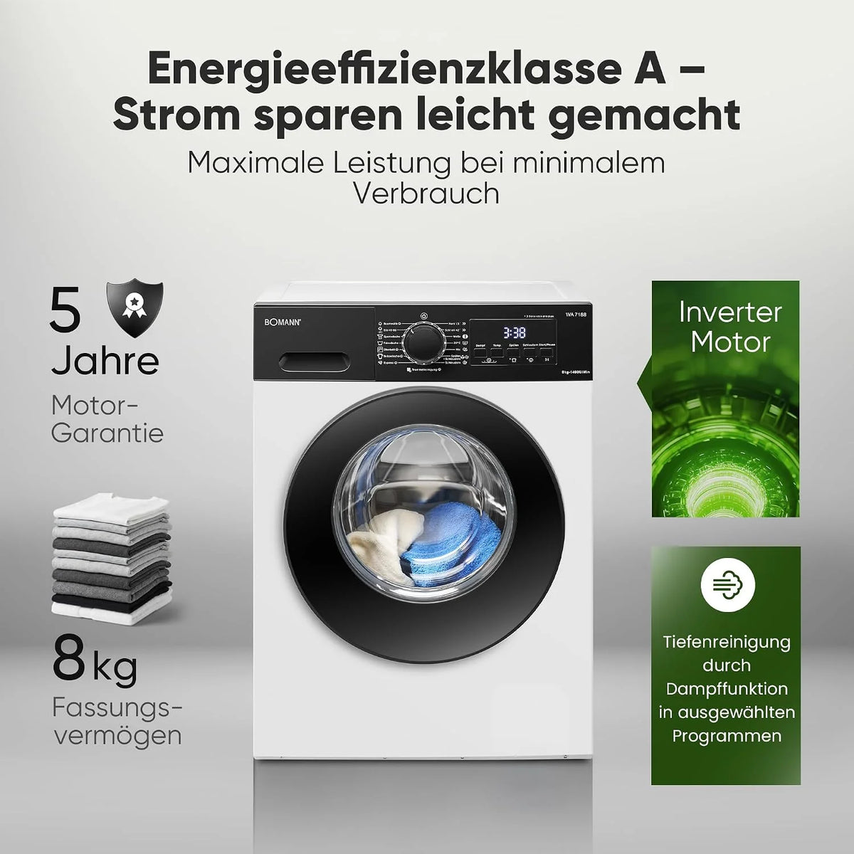 Bomann® WA 7188 pralka 8 kg | 5 lat silnika | wydajna, cicha i trwała | maks. 1400 obr./min | 15 programów | funkcja pary | wyświetlacz LED | Washing Machine | WA 7188 biało-czarna