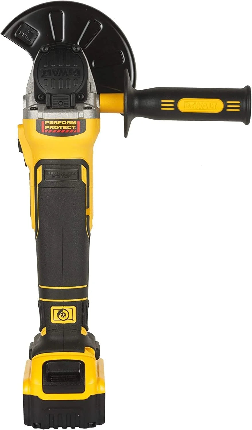Dewalt DCG405P2 akumulatorowa szlifierka kątowa 18 V 125 mm (800 W, silnik bezszczotkowy, uzwojenia opancerzone z żywicy epoksydowej, sprzęgło elektroniczne i hamulec, w zestawie 2 x akumulatory 5,0