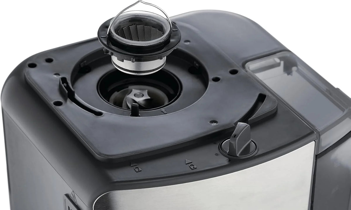 Russell Hobbs ekspres do kawy, wbudowany młynek, regulacja mocy zaparzenia kawy, programowalny timer, podtrzymywanie temperatury, pojemność 1,25l, moc 1000W, srebrny, Grind&Brew 25610-56