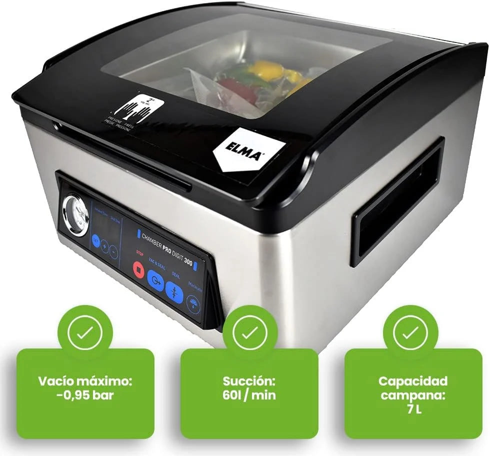ELMA Profesjonalna pakowarka próżniowa Chamber Pro Digit 300 | Intensywne użytkowanie, listwa zgrzewająca 30 cm, umożliwia pakowanie i zamykanie płynami, 43 x 36 x 23,5 cm, 350 W