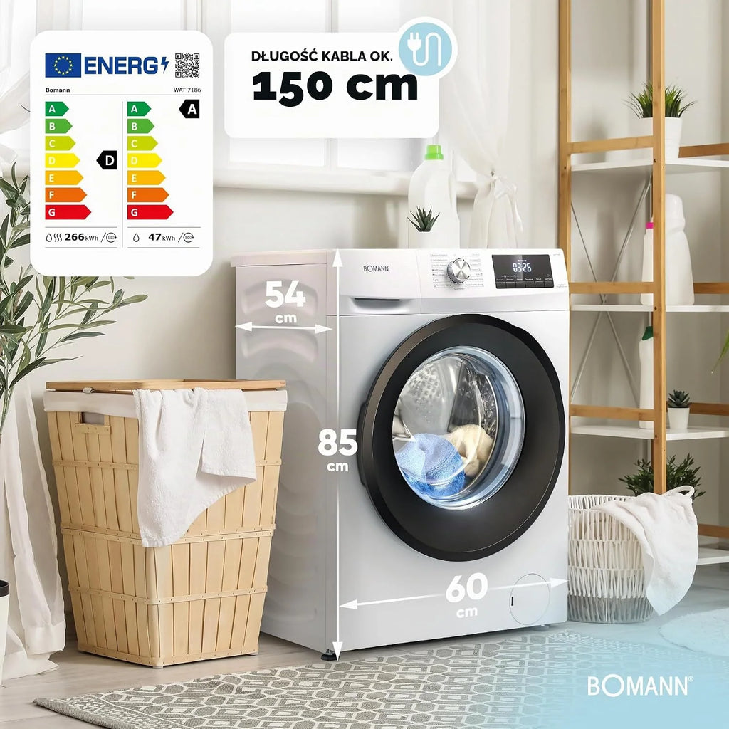 Bomann® Pralko-suszarka | pranie i suszenie w jednym cyklu | pranie 8 kg, suszenie 5 kg | silnik inwertorowy | 1400 obr./min | funkcja pary | zintegrowana pralka z suszarką | WAT 7186 biała