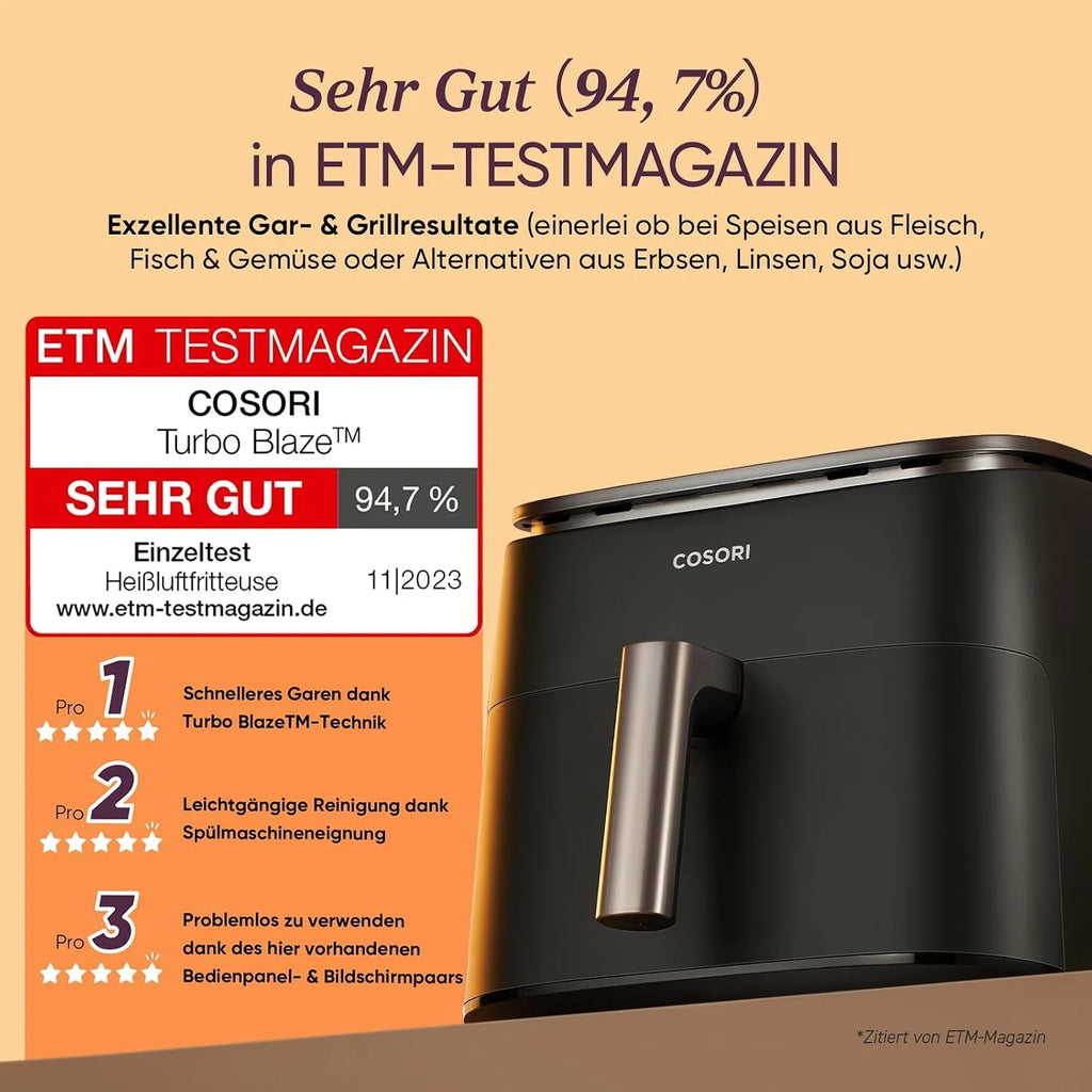 COSORI Frytkownica beztłuszczowa 9-w-1, Air Fryer XXL 6 l. Cichy silnik DC (5 prędkości), grill, pieczenie, fermentacja, suszenie, rozmrażanie, 87 przepisów, do 64% oszczędności energii