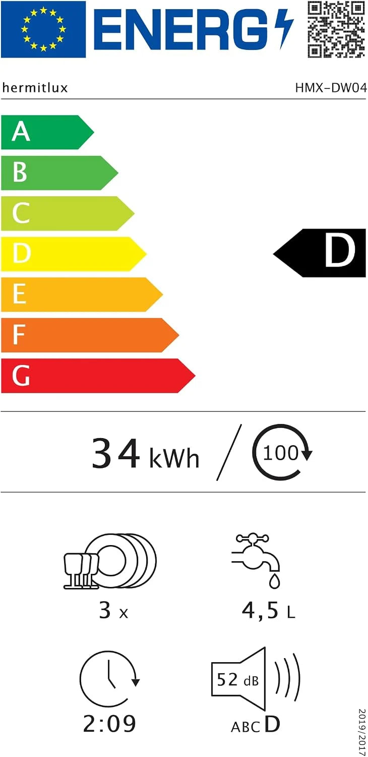 Mini zmywarka stołowa, do użytku z i bez podłączenia do wody, szerokość 43 cm, miejsce na 4 sztućce, do użytku na kempingu, 175 kWh/rok, biały