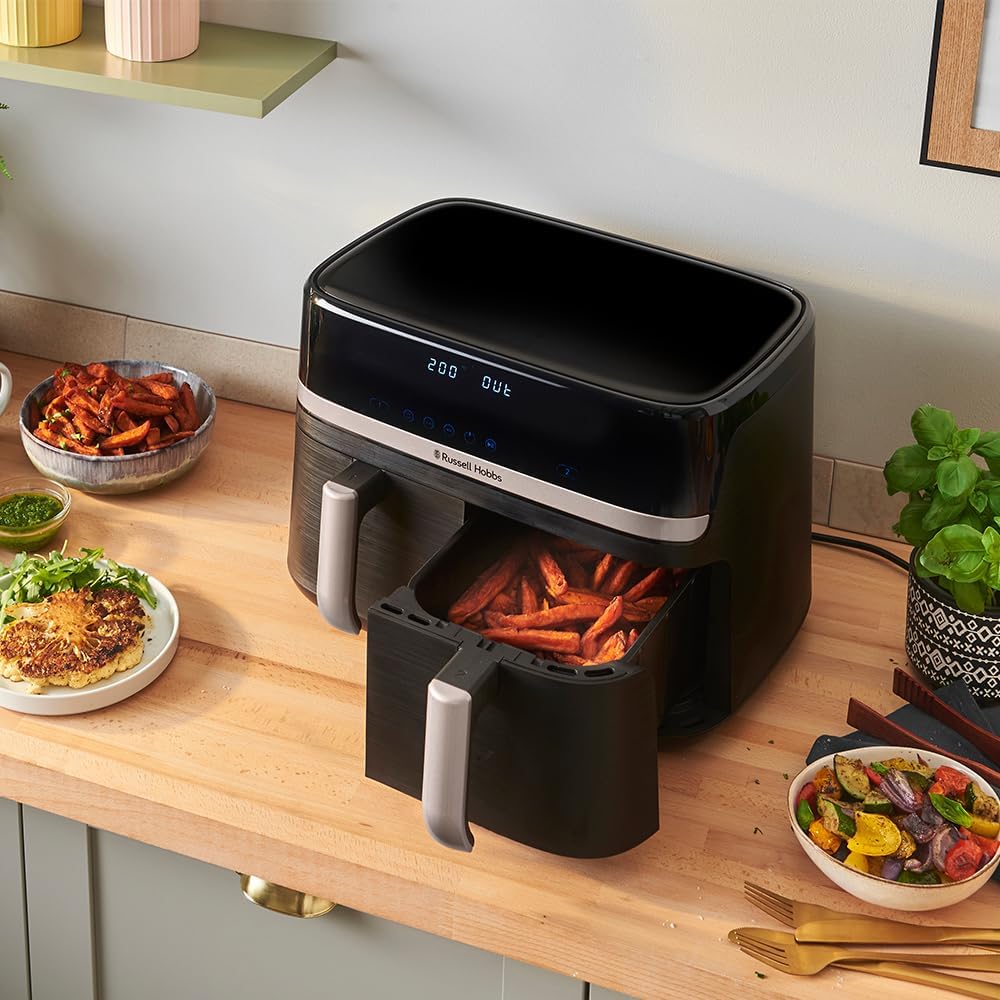 Russell Hobbs Frytkownica beztłuszczowa 9L Air Fryer [dwie komory/strefy, 9 programów] Satisfry (szuflady można myć w zmywarce, maks. 200℃, niski poziom hałasu, pieczenie bez oleju, 2800W) 27681-56