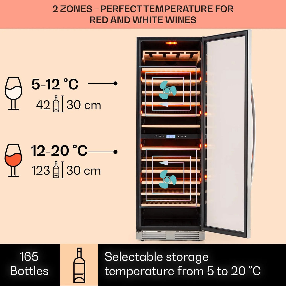 Klarstein Vinovilla Chłodziarka do wina do zabudowy, 433 l, dwustrefowa, na wino, prosecco i piwo, szklane drzwi, ochrona UV, panel dotykowy, 47 dB, 165 butelek