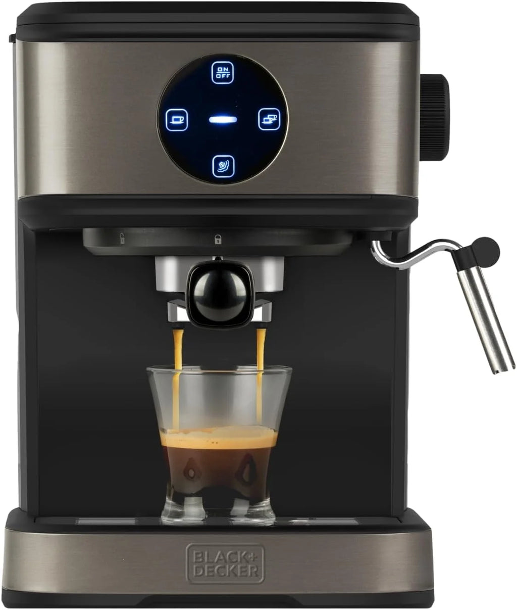 BLACK+DECKER BXCO850E - Ekspres do kawy espresso 850W, 20 barów, 2 filiżanki, funkcja pary, automatyczne wyłączanie, programowalna ilość, system ekstra kremowy, zbiornik 1,5 l, wykończenie