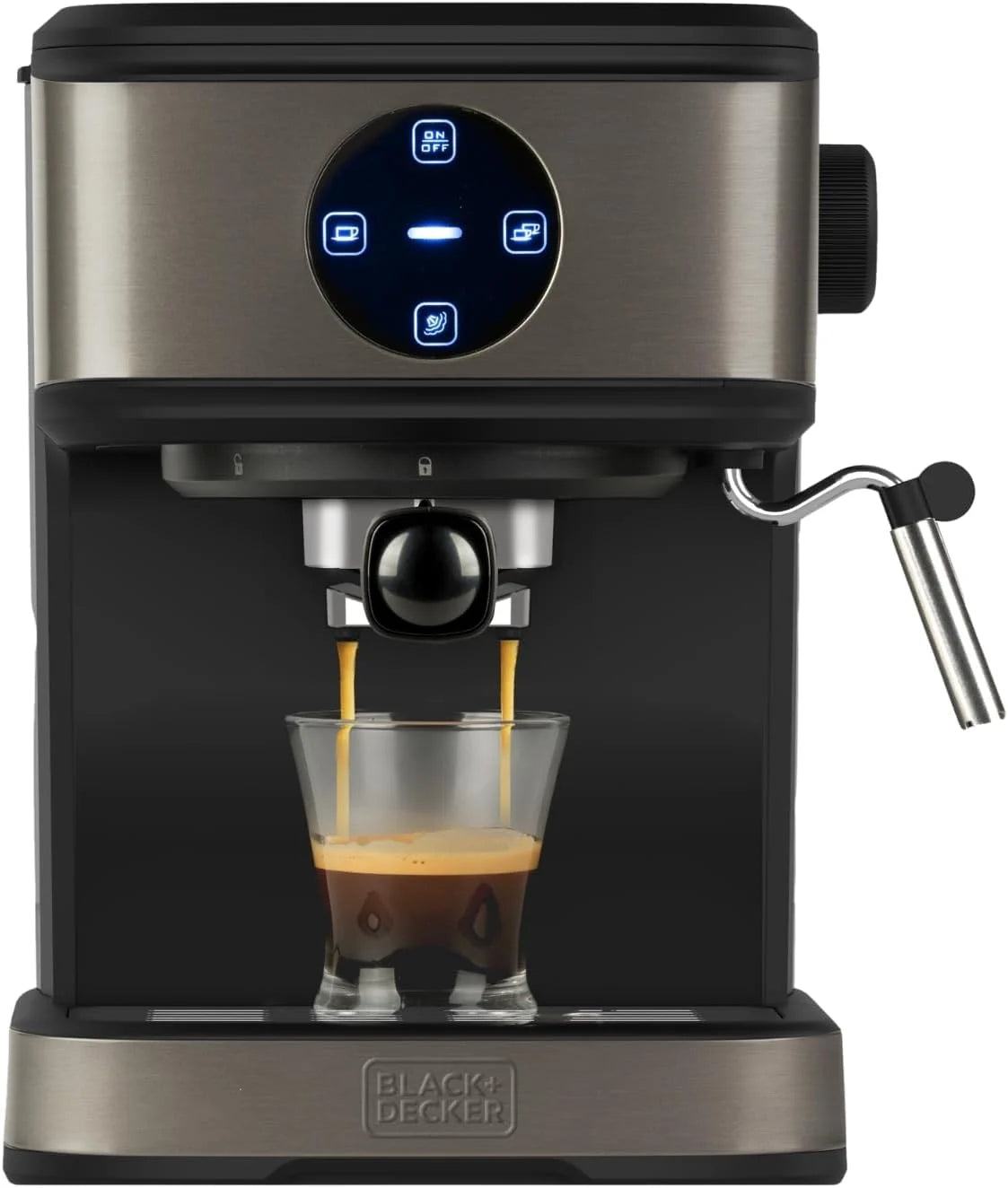 BLACK+DECKER BXCO850E - Ekspres do kawy espresso 850W, 20 barów, 2 filiżanki, funkcja pary, automatyczne wyłączanie, programowalna ilość, system ekstra kremowy, zbiornik 1,5 l, wykończenie