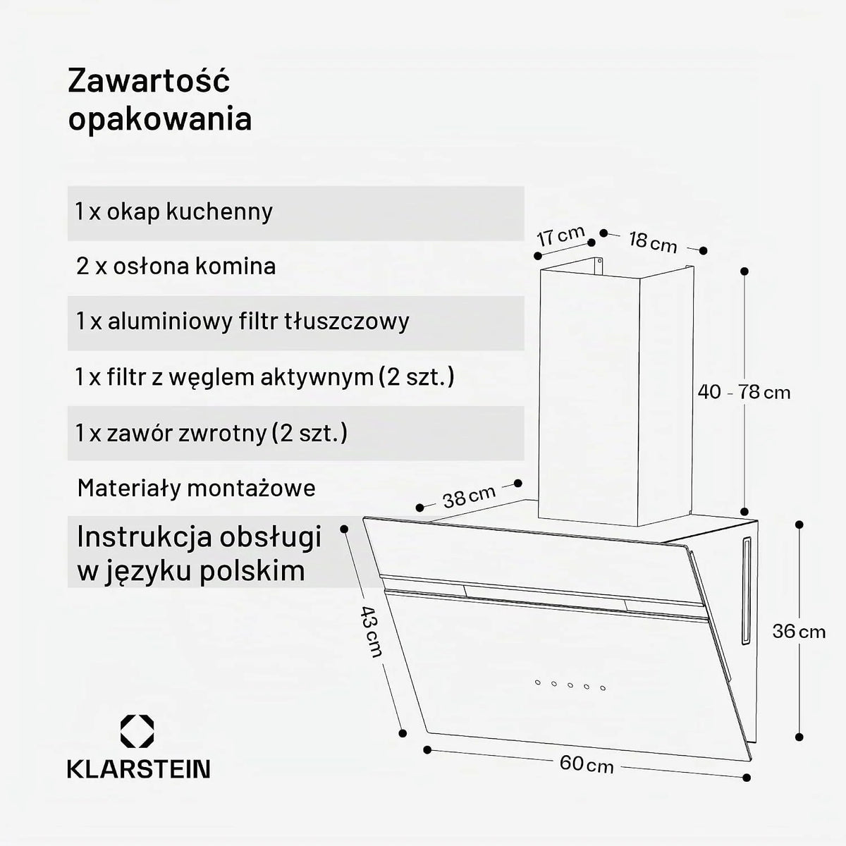 Klarstein Alina Okap kuchenny przyścienny – 60 cm, przepływ 600 m³/h, klasa energetyczna A, sterowanie dotykowe, podświetlenie LED w 9 kolorach, cichy 52 dB, czarny, tryb wyciągu i recyrkulacji